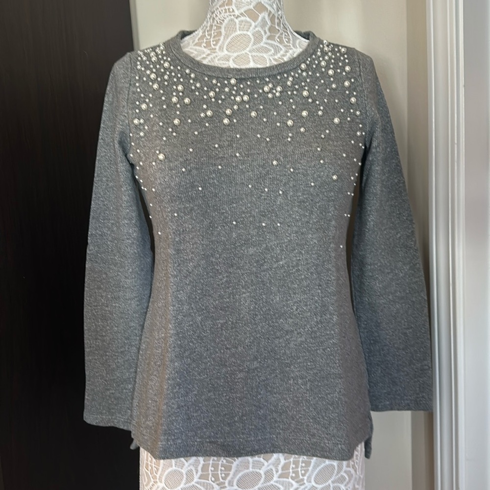GREAT condition Crown & Ivy pearl embellished sweatshirt grey color size XS